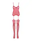 Бодистокинг Obsessive Bodystocking F214 red S/M/L, имитация корсета и чулок на подвязках photo 5